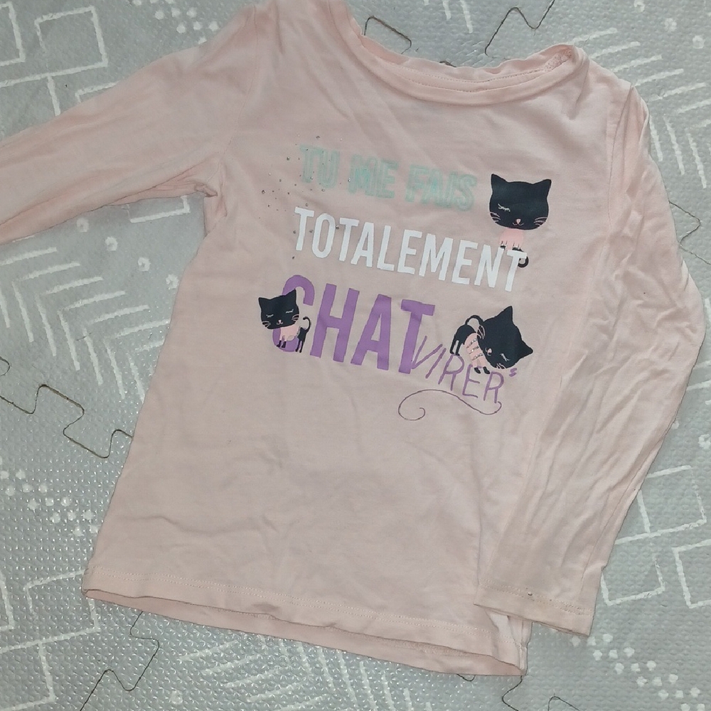 Soft Pink Long Sleeve Tee with Cat Graphic